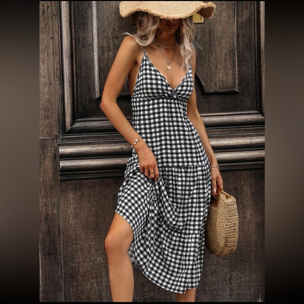Classic Gingham Print Deep V neck Tired Cami Dress - Picture 6 of 6